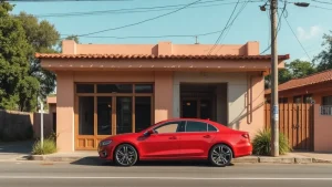 carro-vermelho-em-frente-a-uma-oficina-