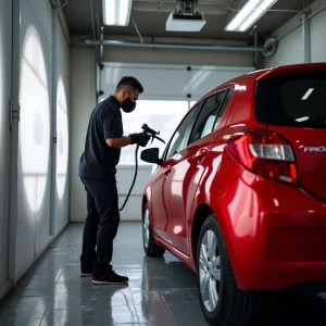 Técnico de funilaria automotiva avaliando carro em oficina de Mirassol – SP
