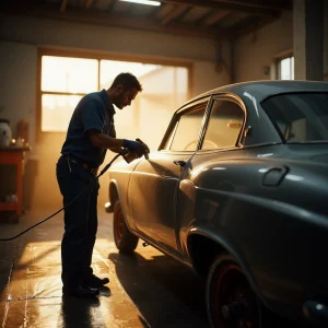 Carro-sendo-polido-em-oficina-de-funilaria-e-pintura-em-Andradina-SP-no-final-do-dia