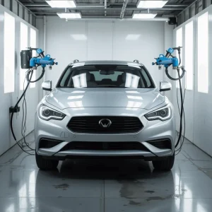 oficina automotiva moderna em Bauru SP, mecânicos realizando pintura automotiva com pistola de ar, iluminação profissional, fundo limpo e organizado, clima ensolarado, foco em carro prata sendo repintado. funilaria e pintura sp