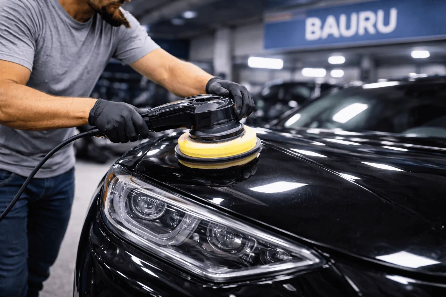 Profissional-realizando-revitalizacao-de-pintura-automotiva-em-Bauru-com-polimento-tecnico-em-carro-preto