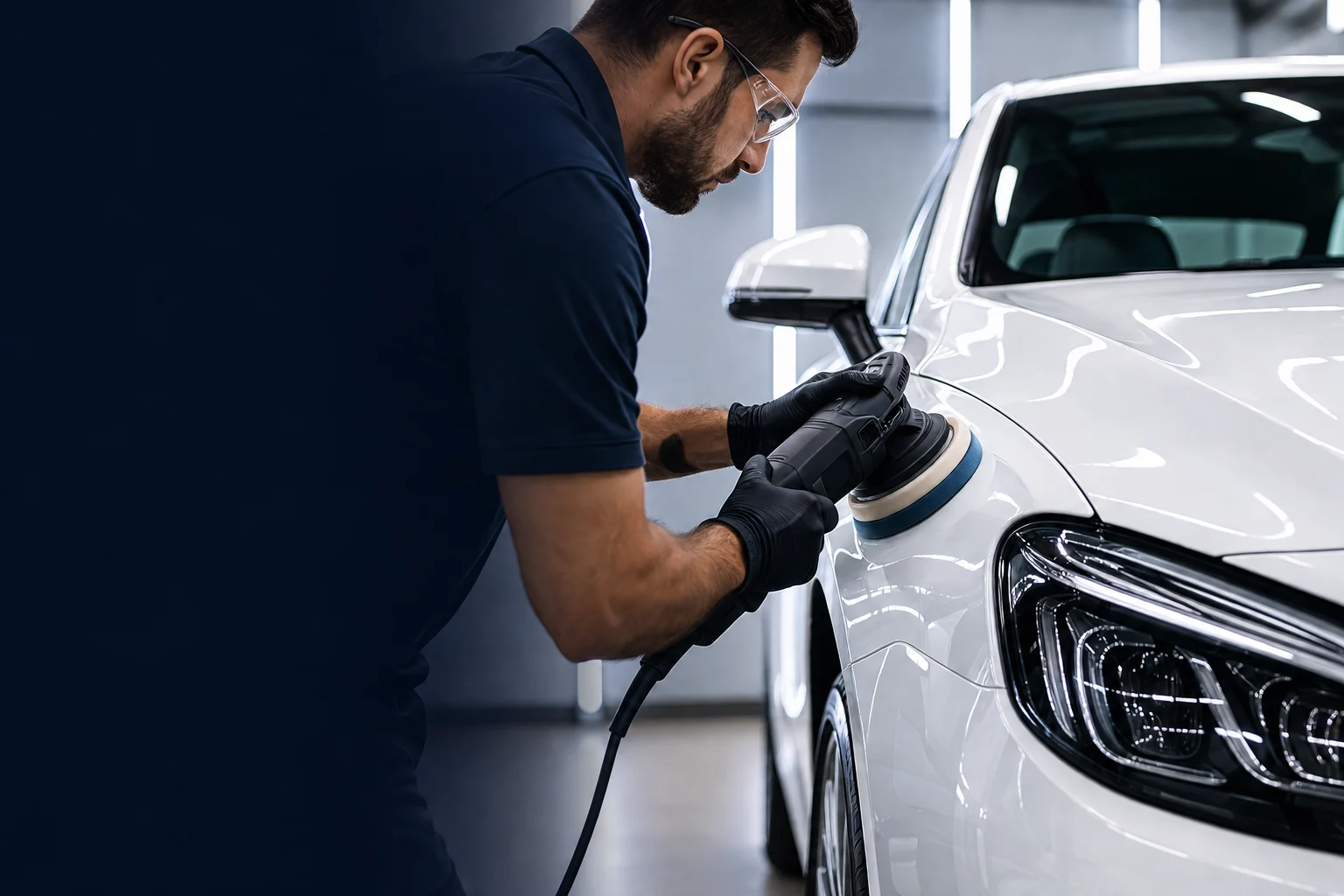 profissional-realizando-polimento-tecnico-em-carro-branco-com-maquina-polidora-em-oficina-automotiva-limpa-e-iluminada