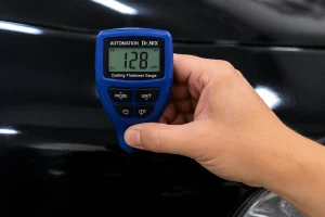 Casca-de-laranja-na-pintura-automotiva-em-carro-preto-com-reflexo-ondulado-e-verniz-irregular-sob-luz-forte