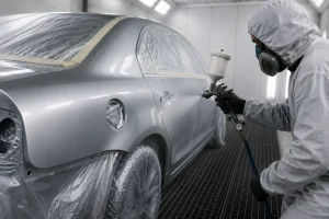 Profissional-aplicando-pintura-automotiva-em-carro-prata-em-oficina-especializada-com-cabine-de-pintura