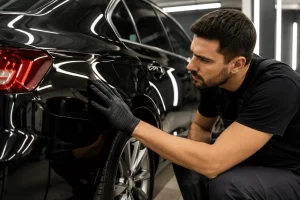 Profissional-avaliando-acabamento-de-retoque-de-pintura-automotiva-em-carro-preto-dentro-de-oficina-especializada-com-foco-na-qualidade-da-lataria-e-uniformidade-da-pintura