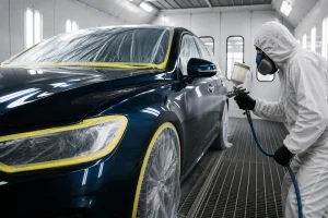 Profissional-realizando-pintura-automotiva-em-carro-preto-dentro-de-cabine-moderna-de-funilaria-e-pintura.