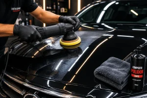 Profissional-realizando-polimento-tecnico-automotivo-em-carro-preto-para-remover-casca-de-laranja-e-recuperar-o-brilho-espelhado-da-pintura