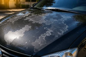 Capô de carro com verniz queimado e descascando, mostrando desgaste causado pelo sol antes do reparo de pintura automotiva em Araçatuba.
