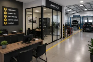 Escritorio-moderno-integrado-a-uma-oficina-automotiva-com-divisorias-internas-area-administrativa-organizada-recepcao-profissional-e-espaco-para-funilaria-e-pintura-ao-fundo