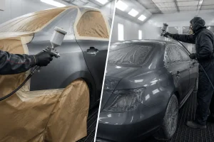 Pintura-parcial-e-pintura-completa-de-carro-sendo-realizadas-em-oficina-automotiva-de-Aracatuba-SP