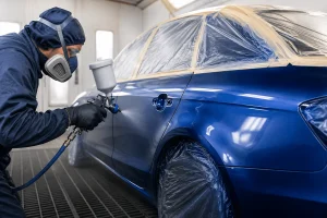 Profissional-realizando-pintura-automotiva-em-carro-azul-dentro-de-cabine-de-pintura-em-oficina-de-pintura