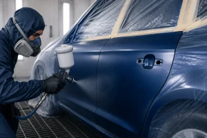 Profissional-realizando-pintura-em-porta-de-carro-azul-em-cabine-de-pintura-automotiva-em-oficina-de-funilaria-e-pintura-em-Aracatuba