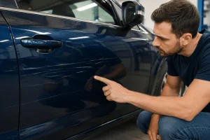 Técnico avaliando risco na porta de carro antes do reparo e da pintura automotiva em Araçatuba.