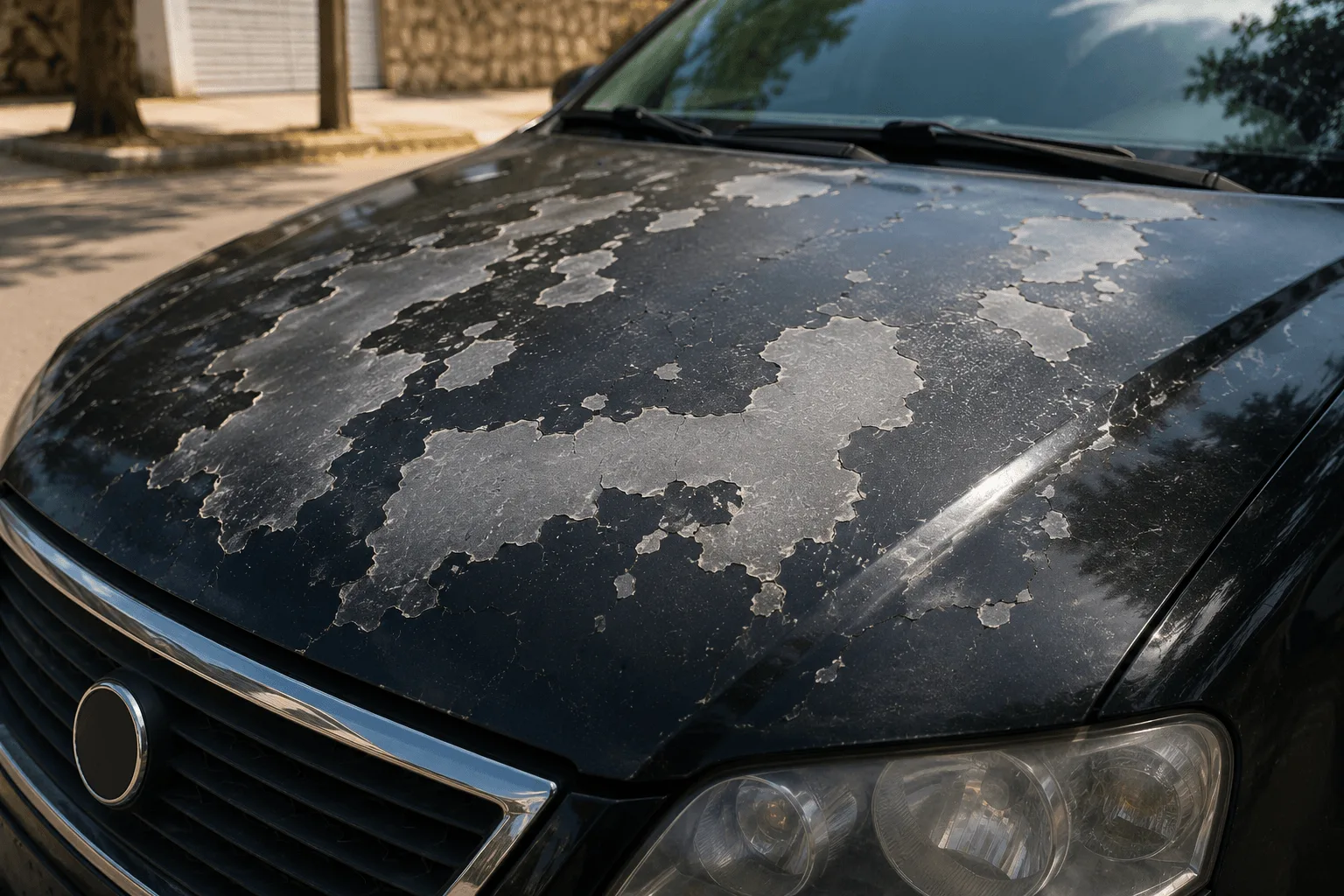 Capô de carro preto com a pintura queimada e descascada pela exposição prolongada ao sol em Araçatuba.