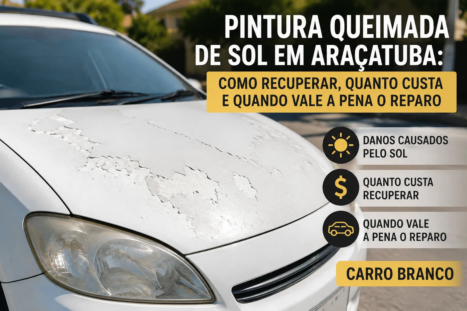 Carro branco com pintura queimada pelo sol no capô, mostrando descascamento do verniz, ilustrando os danos causados pela exposição solar e a recuperação da pintura em Araçatuba.