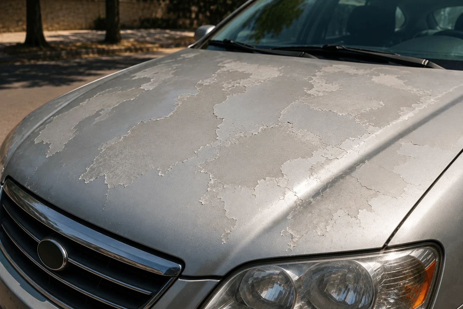 Carro prata com o verniz queimado e descascando no capô devido à exposição prolongada ao sol em Araçatuba.