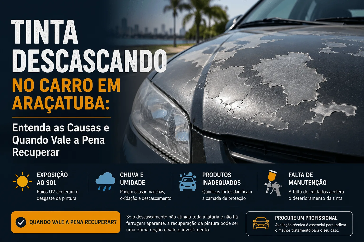 Carro preto com a pintura descascada no capô devido à exposição intensa ao sol em Araçatuba.