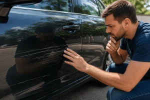 Lateral de carro com riscos na pintura sendo avaliada para conserto em Araçatuba