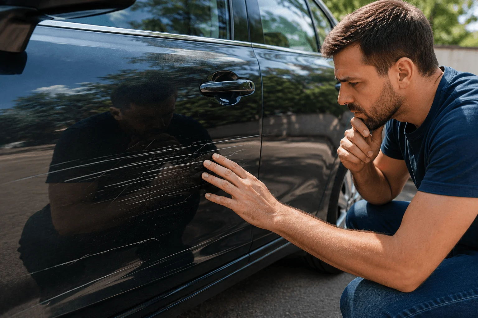 Lateral de carro com riscos na pintura sendo avaliada para conserto em Araçatuba