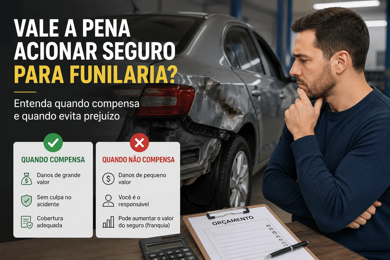 Motorista analisando se vale a pena acionar o seguro para conserto de funilaria em carro com dano na lateral.