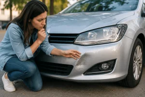 Motorista avaliando danos de uma batida leve no para-choque dianteiro de um carro em Araçatuba