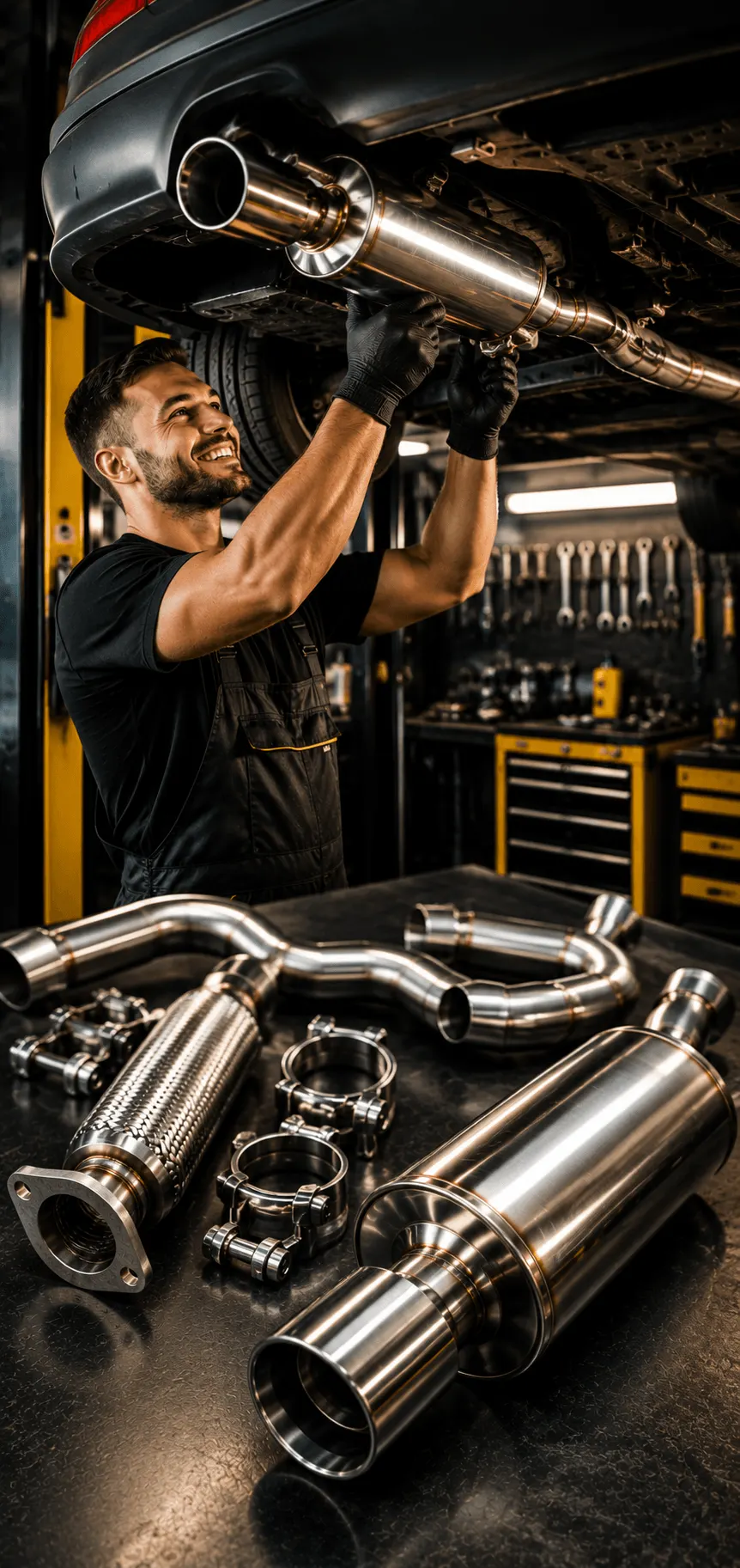 Mecanico-realizando-a-instalacao-de-escapamento-automotivo-em-oficina-equipada-com-silenciosos-tubos-e-flexiveis-de-aco-inoxidavel-em-destaque.